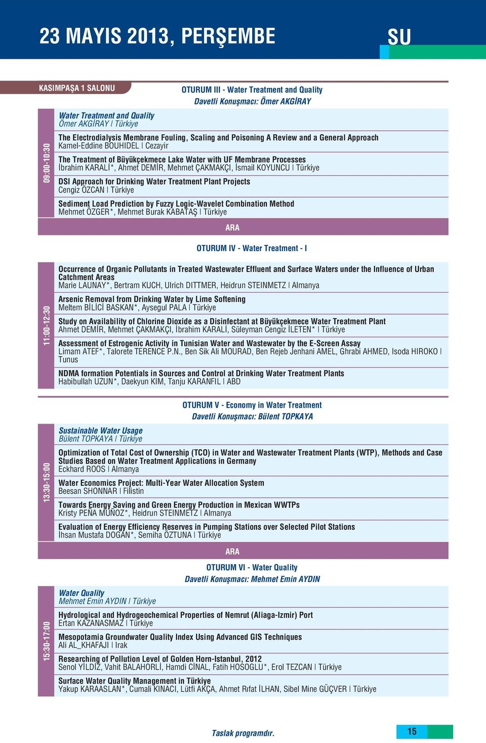 ÇAKMAKÇI, smail KOYUNCU Türkiye DSI Approach for Drinking Water Treatment Plant Projects Cengiz ÖZCAN Türkiye Sediment Load Prediction by Fuzzy Logic-Wavelet Combination Method Mehmet ÖZGER*, Mehmet