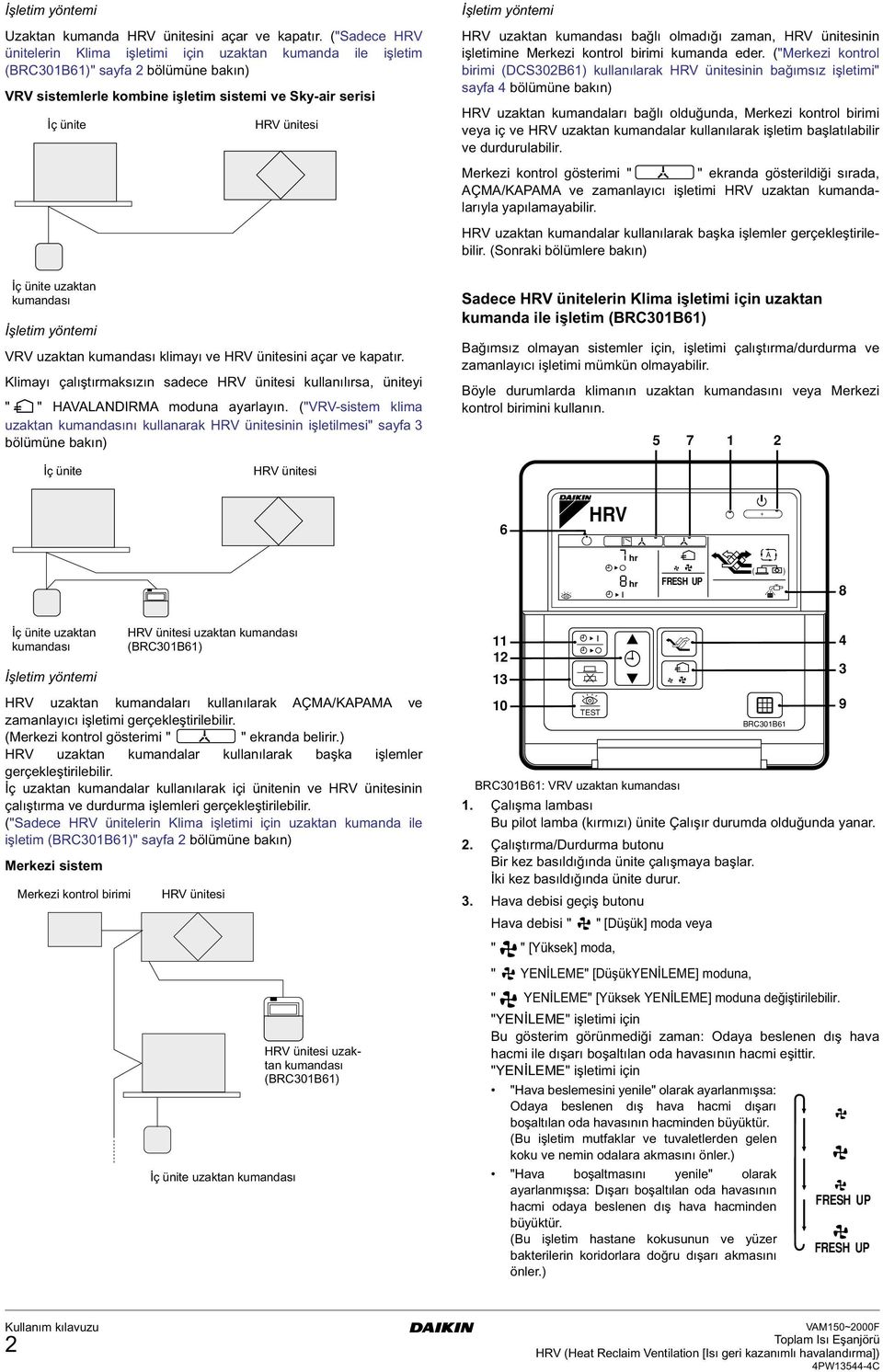 İşletim yöntemi HRV ünitesi VRV uzaktan kumandası klimayı ve HRV ünitesini açar ve kapatır. Klimayı çalıştırmaksızın sadece HRV ünitesi kullanılırsa, üniteyi " " HVLNDIRM moduna ayarlayın.