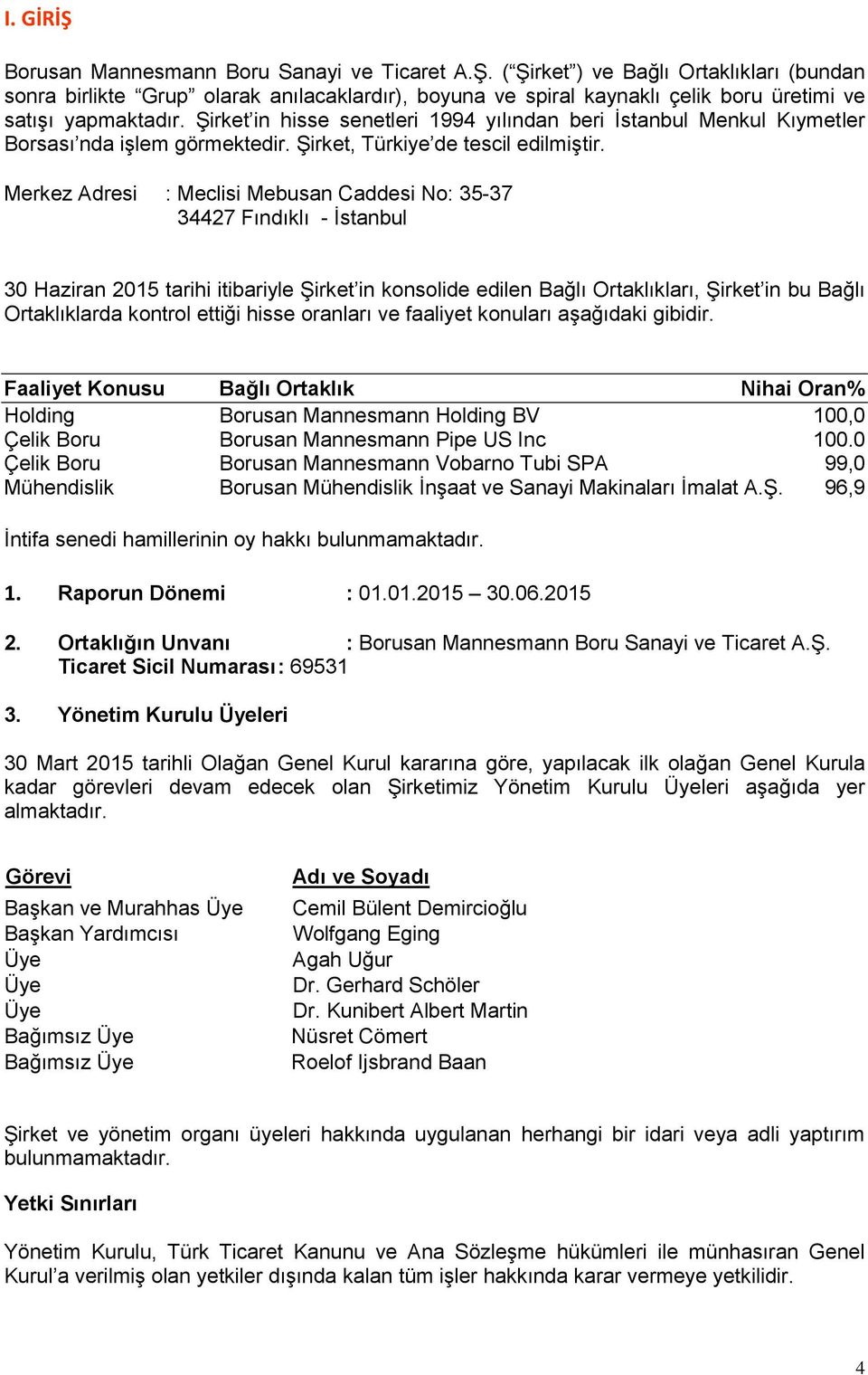 Merkez Adresi : Meclisi Mebusan Caddesi No: 35-37 34427 Fındıklı - İstanbul 30 Haziran 2015 tarihi itibariyle Şirket in konsolide edilen Bağlı Ortaklıkları, Şirket in bu Bağlı Ortaklıklarda kontrol