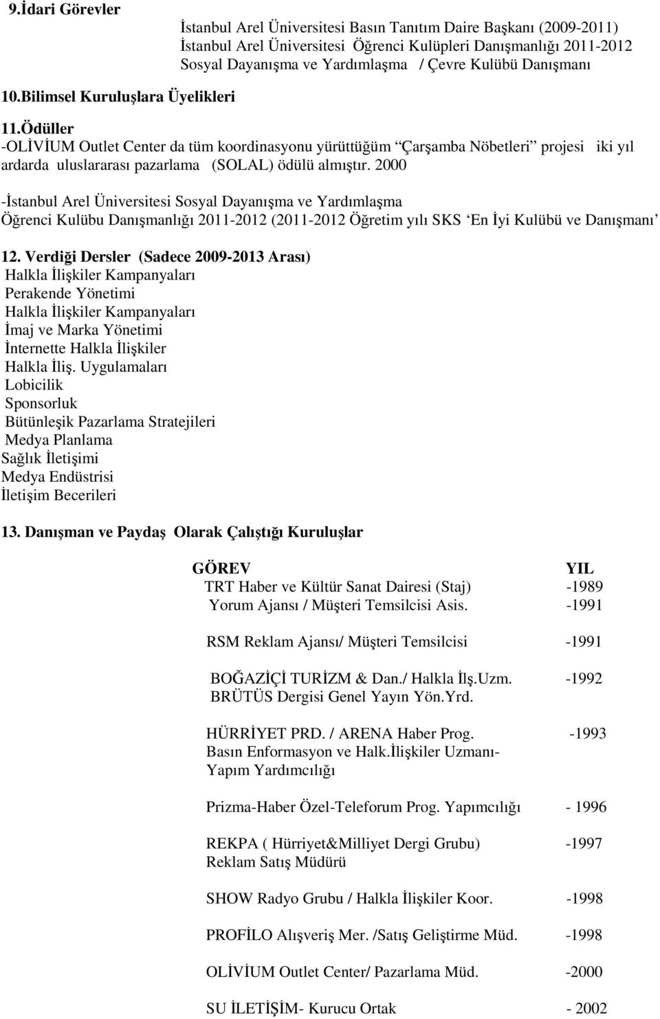 2000 -İstanbul Arel Üniversitesi Sosyal Dayanışma ve Yardımlaşma Öğrenci Kulübu Danışmanlığı 2011-2012 (2011-2012 Öğretim yılı SKS En İyi Kulübü ve Danışmanı 12.