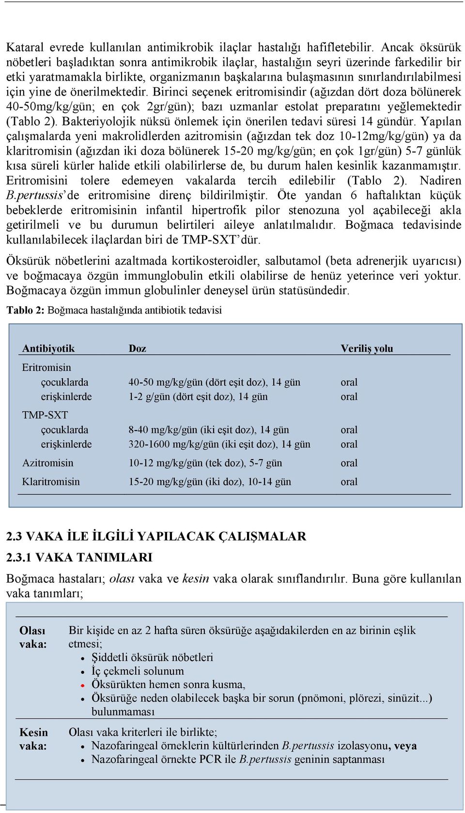 yine de önerilmektedir. Birinci seçenek eritromisindir (ağızdan dört doza bölünerek 40-50mg/kg/gün; en çok 2gr/gün); bazı uzmanlar estolat preparatını yeğlemektedir (Tablo 2).