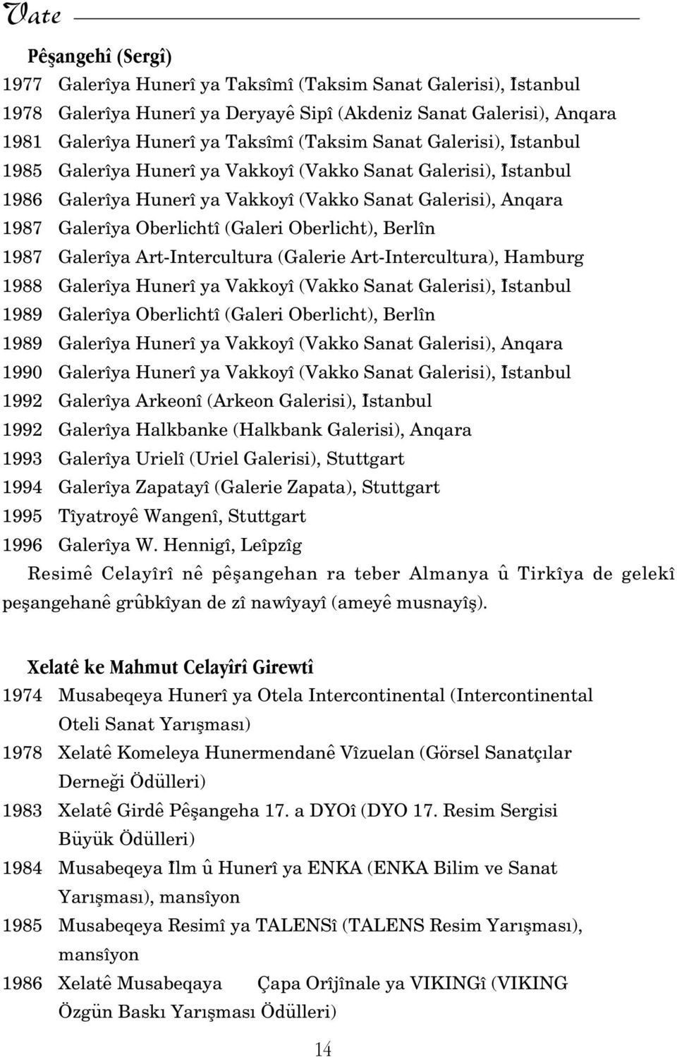 1987 Galerîya Art-Intercultura (Galerie Art-Intercultura), Hamburg 1988 Galerîya Hunerî ya Vakkoyî (Vakko Sanat Galerisi), Îstanbul 1989 Galerîya Oberlichtî (Galeri Oberlicht), Berlîn 1989 Galerîya