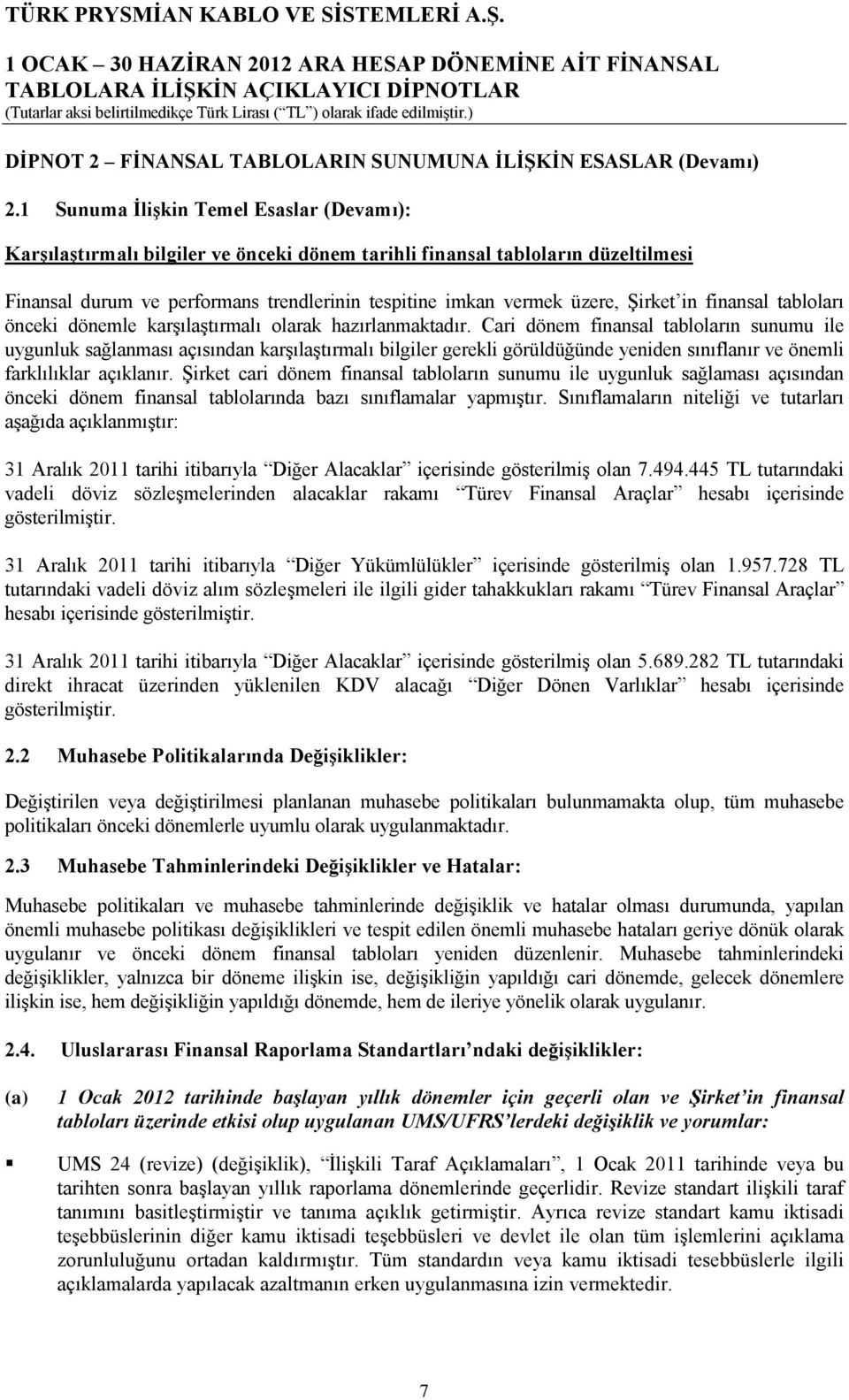 Şirket in finansal tabloları önceki dönemle karşılaştırmalı olarak hazırlanmaktadır.