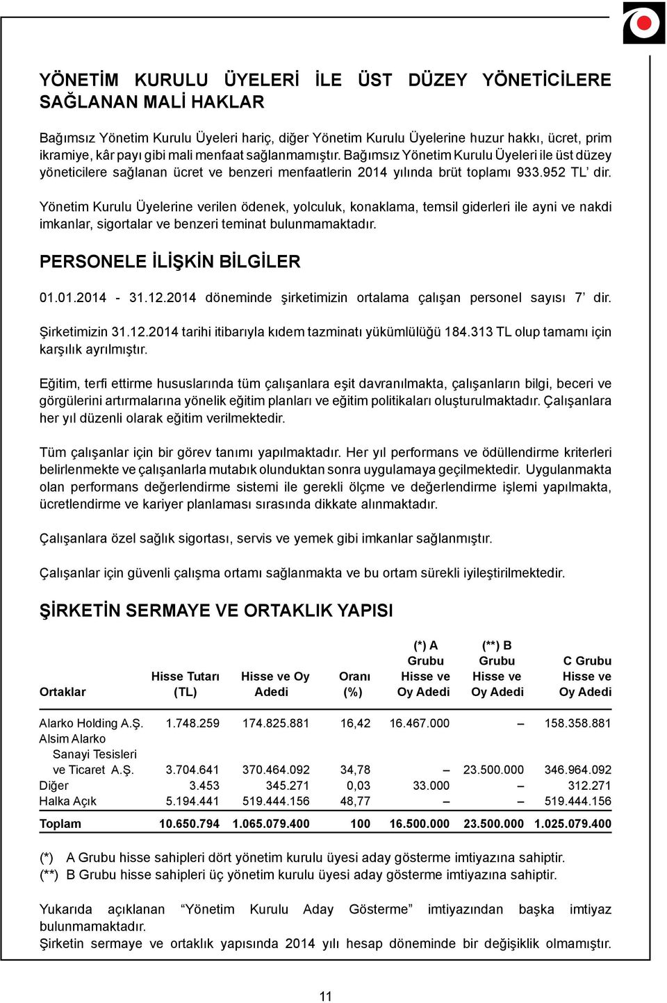 Yönetim Kurulu Üyelerine verilen ödenek, yolculuk, konaklama, temsil giderleri ile ayni ve nakdi imkanlar, sigortalar ve benzeri teminat bulunmamaktadır. PERSONELE İLİŞKİN BİLGİLER 01.01.2014-31.12.