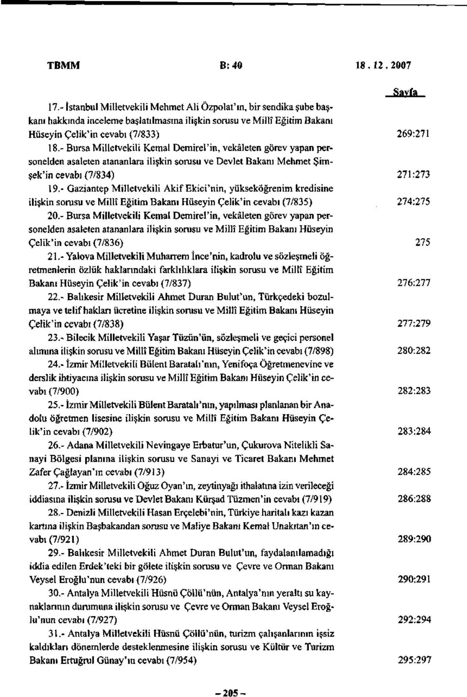 - Bursa Milletvekili Kemal Demirel'in, vekâleten görev yapan personelden asaleten atananlara ilişkin sorusu ve Devlet Bakanı Mehmet Şimşek'in cevabı (7/834) 271:273 19.