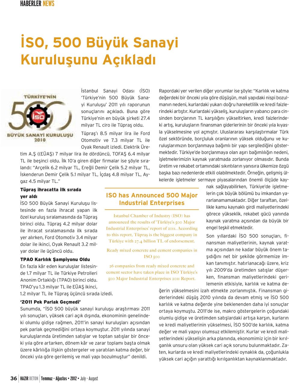 4 milyar TL ile beşinci oldu. İlk 10 a giren diğer firmalar ise şöyle sıralandı: Arçelik 6.2 milyar TL, Ereğli Demir Çelik 5.2 milyar TL, İskenderun Demir Çelik 5.1 milyar TL, İçdaş 4.