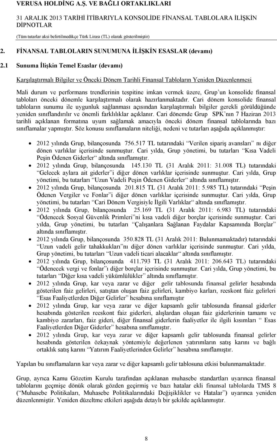 Grup un konsolide finansal tabloları önceki dönemle karşılaştırmalı olarak hazırlanmaktadır.