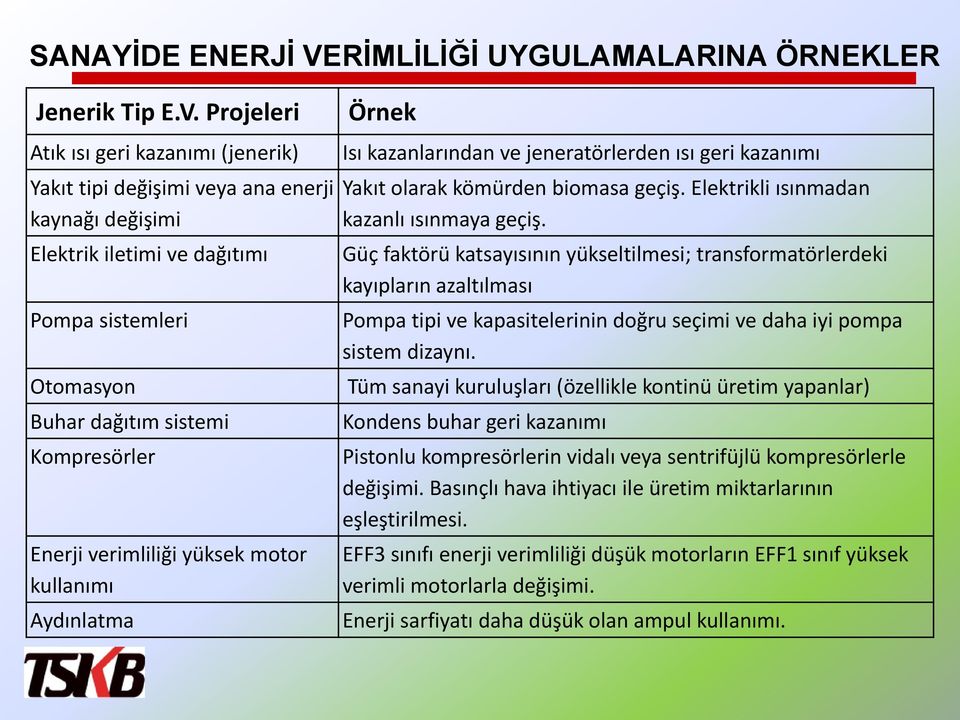 Projeleri Atık ısı geri kazanımı (jenerik) Yakıt tipi değişimi veya ana enerji kaynağı değişimi Elektrik iletimi ve dağıtımı Pompa sistemleri Otomasyon Buhar dağıtım sistemi Kompresörler Enerji