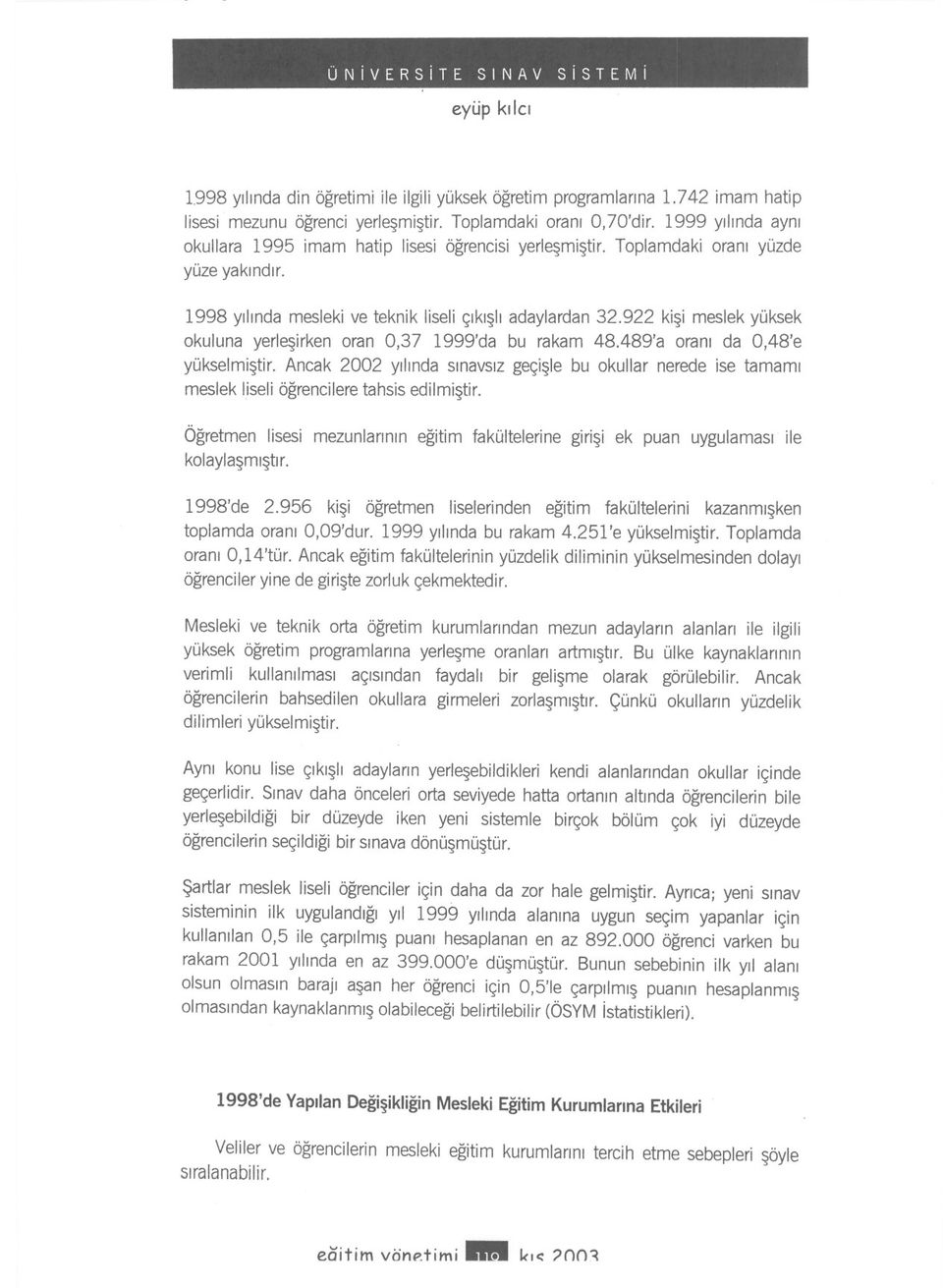 922 kisi meslek yüksek okuluna yerlesirken oran 0,37 1999'da bu rakam 48.489'a orani da 0,48'e yükselmistir.