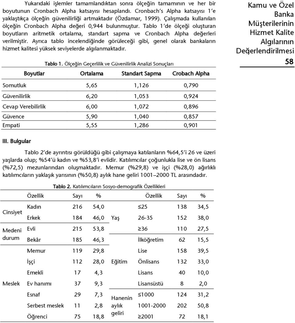 Tablo 1 de ölçeği oluşturan boyutların aritmetik ortalama, standart sapma ve Cronbach Alpha değerleri verilmiştir.