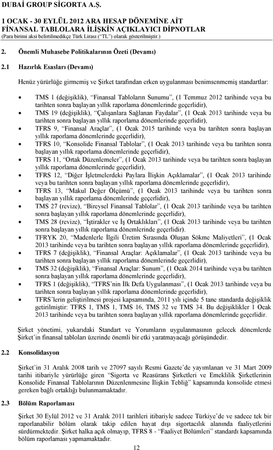 bu tarihten sonra başlayan yıllık raporlama dönemlerinde geçerlidir), TMS 19 (değişiklik), Çalışanlara Sağlanan Faydalar, (1 Ocak 2013 tarihinde veya bu tarihten sonra başlayan yıllık raporlama