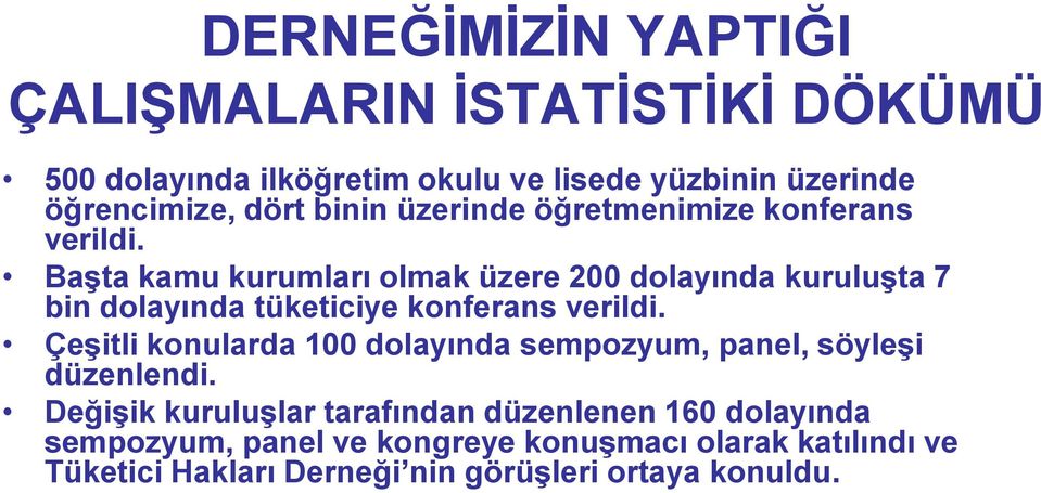 BaĢta kamu kurumları olmak üzere 200 dolayında kuruluģta 7 bin dolayında tüketiciye konferans verildi.