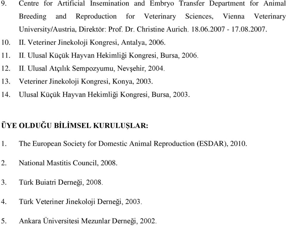 13. Veteriner Jinekoloji Kongresi, Konya, 2003. 14. Ulusal Küçük Hayvan Hekimliği Kongresi, Bursa, 2003. ÜYE OLDUĞU BİLİMSEL KURULUŞLAR: 1.