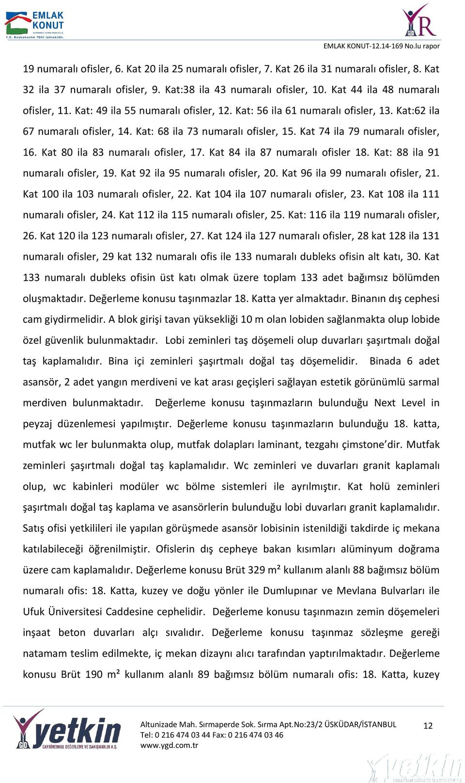 Kat 80 ila 83 numaralı ofisler, 17. Kat 84 ila 87 numaralı ofisler 18. Kat: 88 ila 91 numaralı ofisler, 19. Kat 92 ila 95 numaralı ofisler, 20. Kat 96 ila 99 numaralı ofisler, 21.