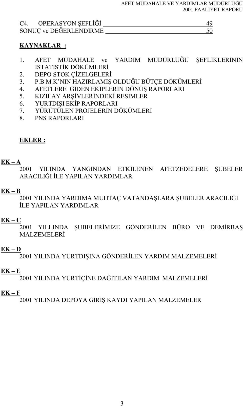 PNS RAPORLARI EKLER : EK A 2001 YILINDA YANGINDAN ETKİLENEN AFETZEDELERE ŞUBELER ARACILIĞI İLE YAPILAN YARDIMLAR EK B 2001 YILINDA YARDIMA MUHTAÇ VATANDAŞLARA ŞUBELER ARACILIĞI İLE YAPILAN YARDIMLAR