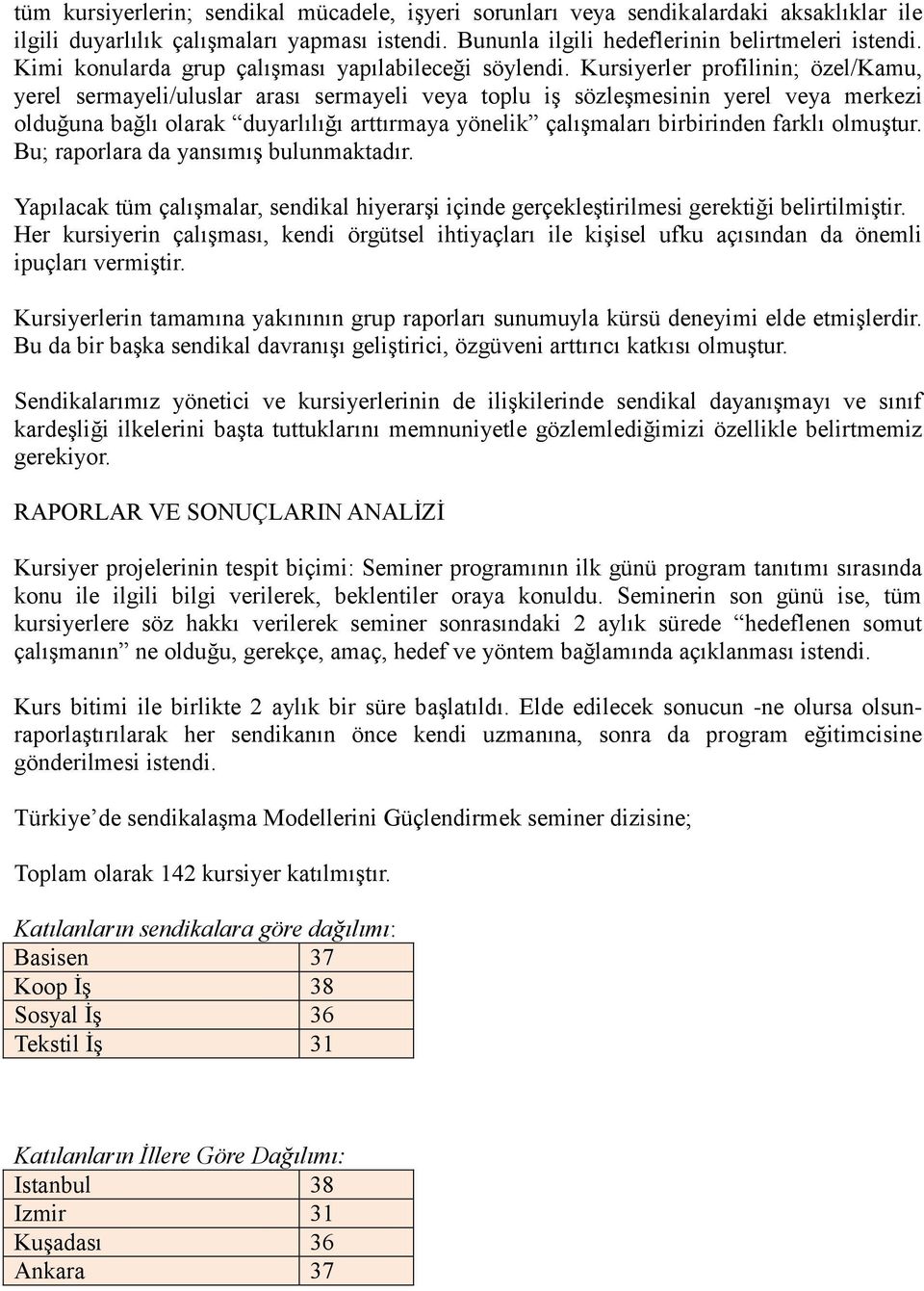 Kursiyerler profilinin; özel/kamu, yerel sermayeli/uluslar arası sermayeli veya toplu iş sözleşmesinin yerel veya merkezi olduğuna bağlı olarak duyarlılığı arttırmaya yönelik çalışmaları birbirinden