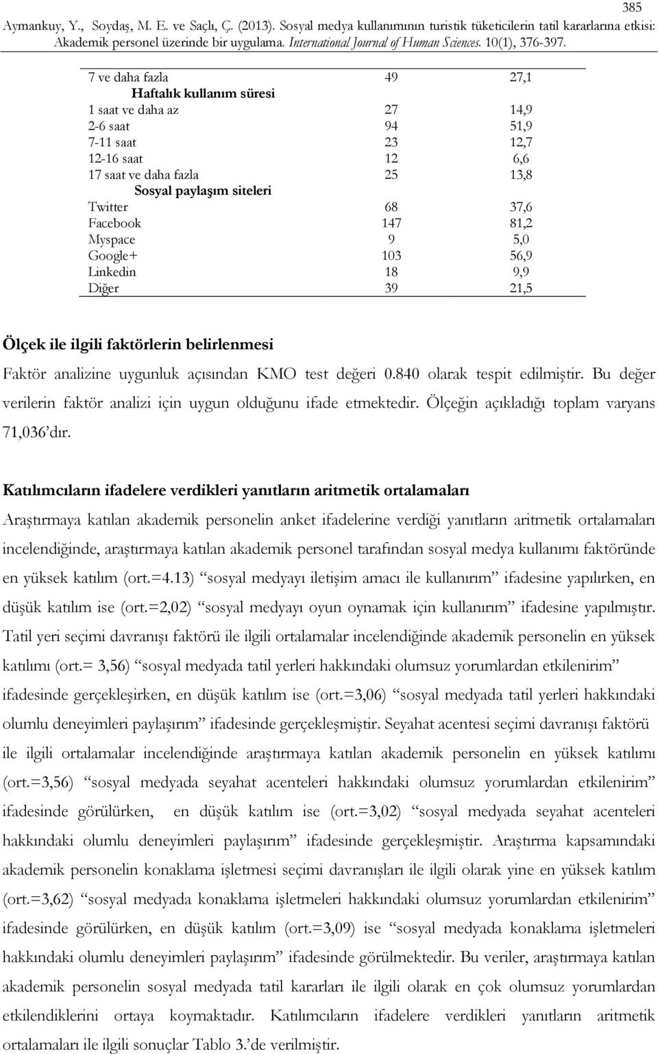 840 olarak tespit edilmiştir. Bu değer verilerin faktör analizi için uygun olduğunu ifade etmektedir. Ölçeğin açıkladığı toplam varyans 71,036 dır.