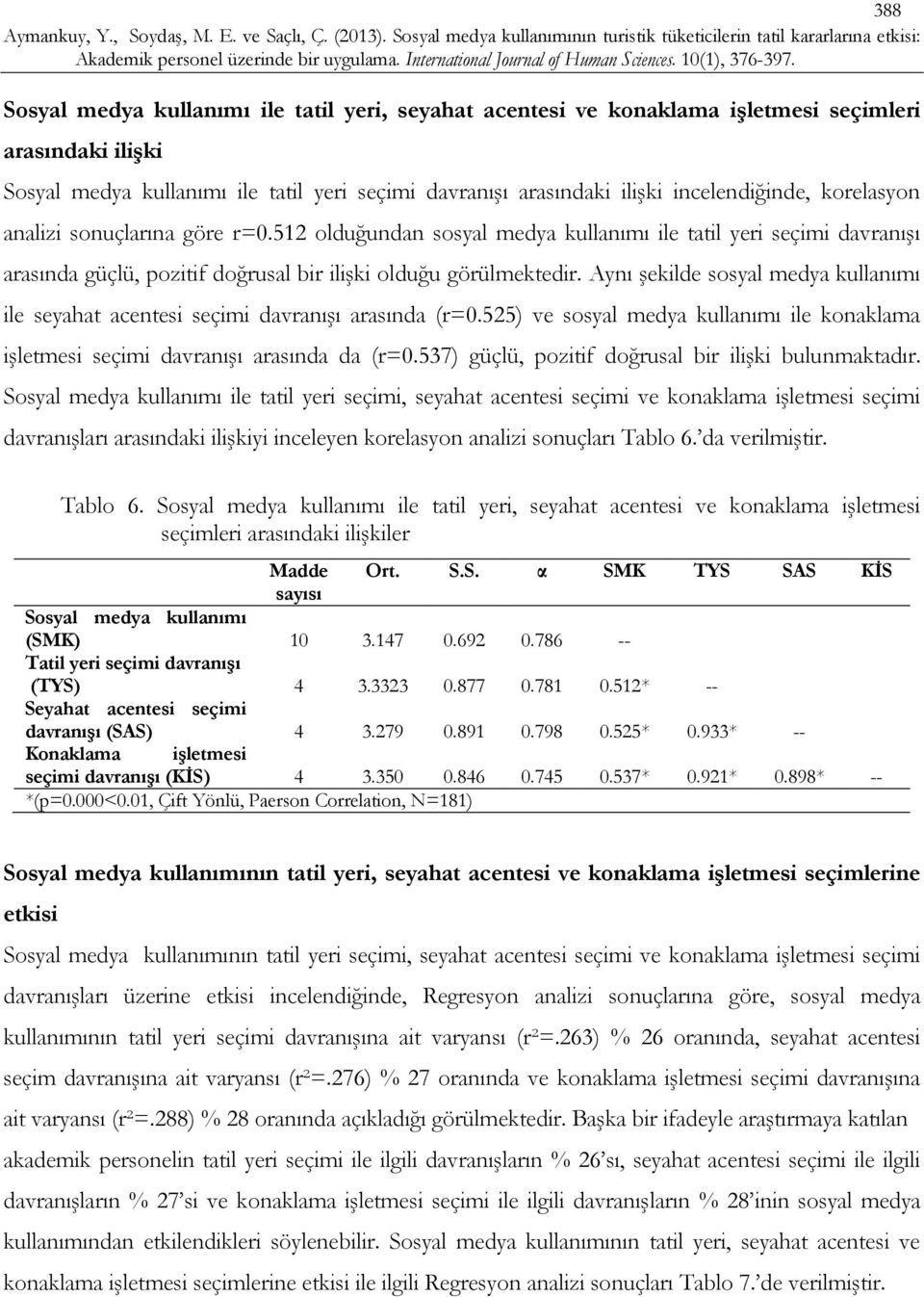 Aynı şekilde sosyal medya kullanımı ile seyahat acentesi seçimi davranışı arasında (r=0.525) ve sosyal medya kullanımı ile konaklama işletmesi seçimi davranışı arasında da (r=0.