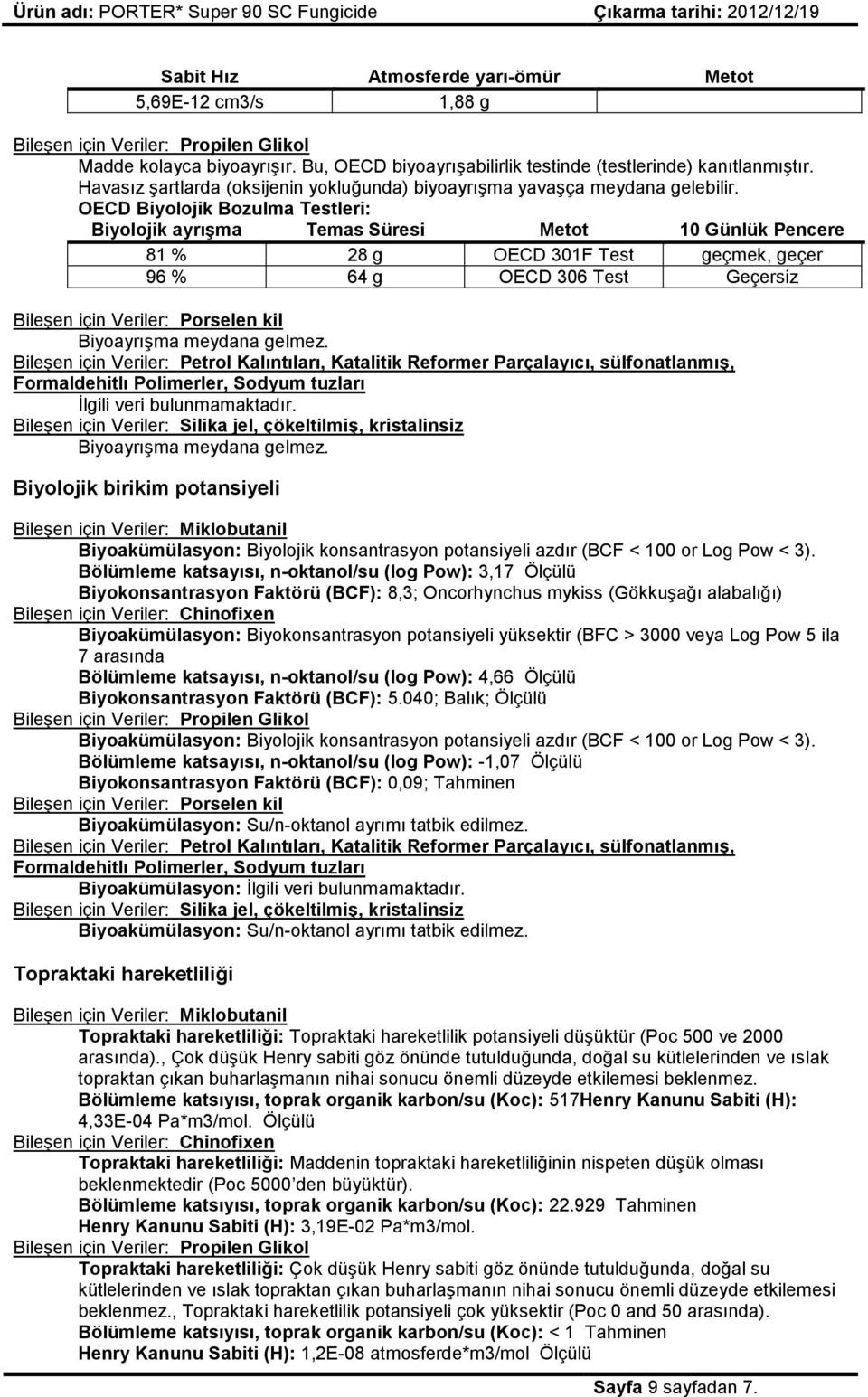 OECD Biyolojik Bozulma Testleri: Biyolojik ayrışma Temas Süresi Metot 10 Günlük Pencere 81 % 28 g OECD 301F Test geçmek, geçer 96 % 64 g OECD 306 Test Geçersiz BileĢen için Veriler: Porselen kil