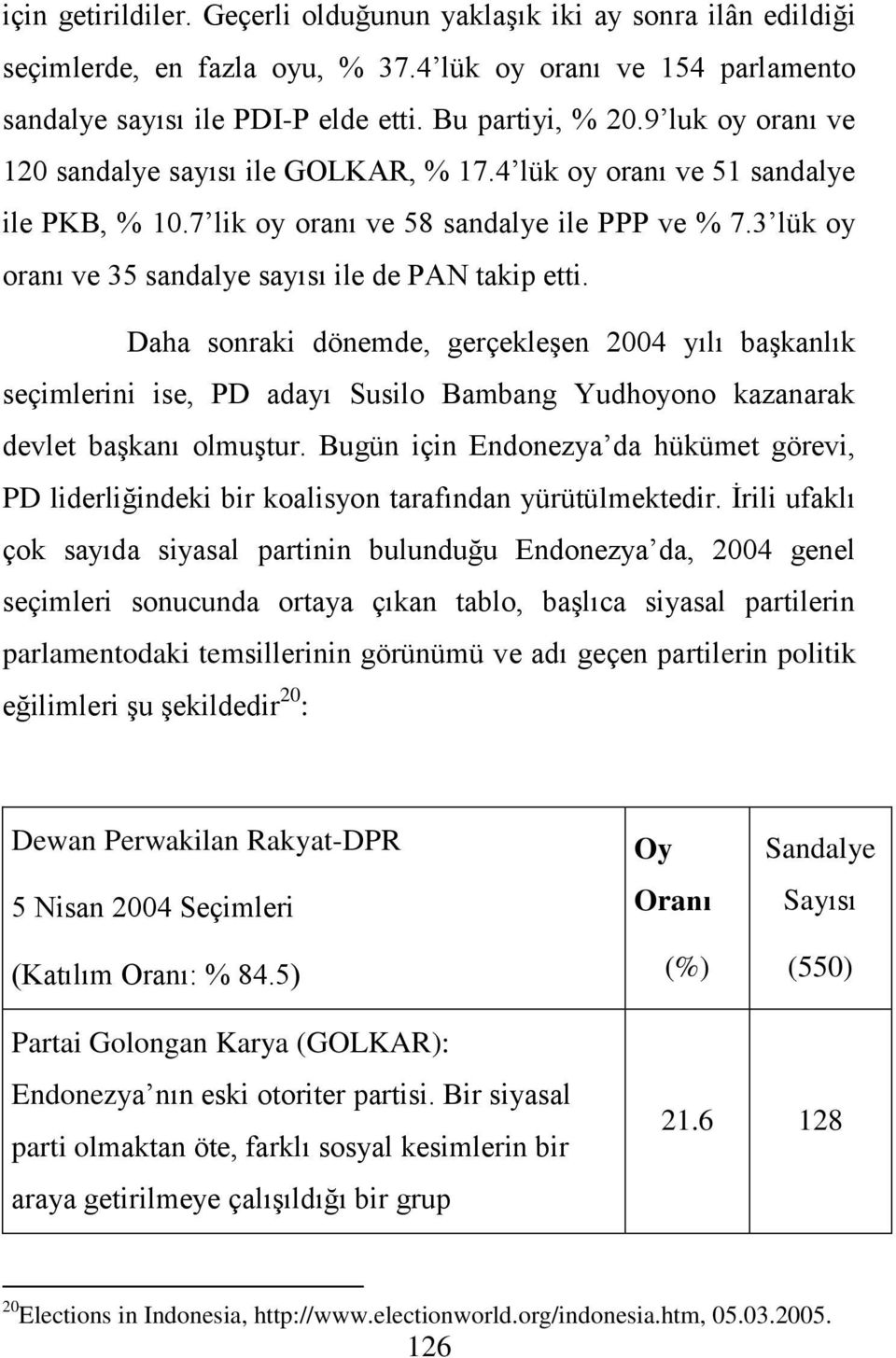 3 lük oy oranı ve 35 sandalye sayısı ile de PAN takip etti. Daha sonraki dönemde, gerçekleşen 2004 yılı başkanlık seçimlerini ise, PD adayı Susilo Bambang Yudhoyono kazanarak devlet başkanı olmuştur.