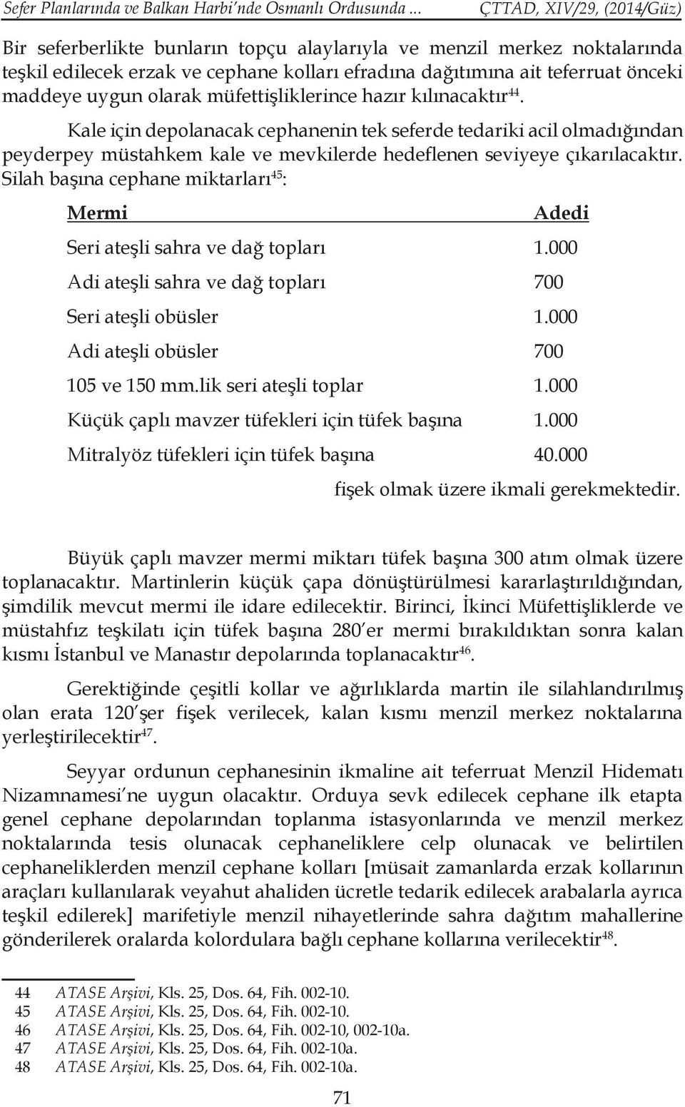 hazır kılınacaktır 44. Kale için depolanacak cephanenin tek seferde tedariki acil olmadığından peyderpey müstahkem kale ve mevkilerde hedeflenen seviyeye çıkarılacaktır.