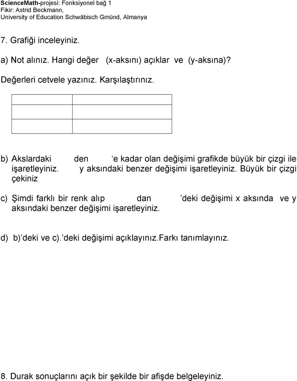 Büyük bir çizgi çekiniz c) Şimdi farklı bir renk alıp dan deki değişimi x aksında ve y aksındaki benzer değişimi işaretleyiniz.