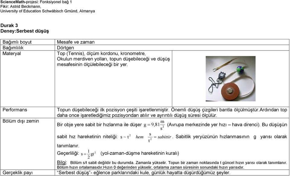 ardından top daha once işaretlediğimiz pozisyondan atılır ve ayrıntılı düşüş süresi ölçülür. m Bir obje yere sabit bir hızlanma ile düşer g = 9,81 2 (Avrupa merkezinde yer hızı hava direnci).