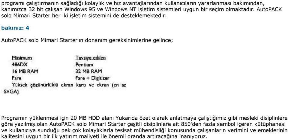 bakınız: 4 AutoPACK solo Mimari Starter'ın donanım gereksinimlerine gelince; Programın yüklenmesi için 20 MB HDD alanı Yukarıda özet olarak anlatmaya çalıştığımız gibi mesleki disiplinlere göre