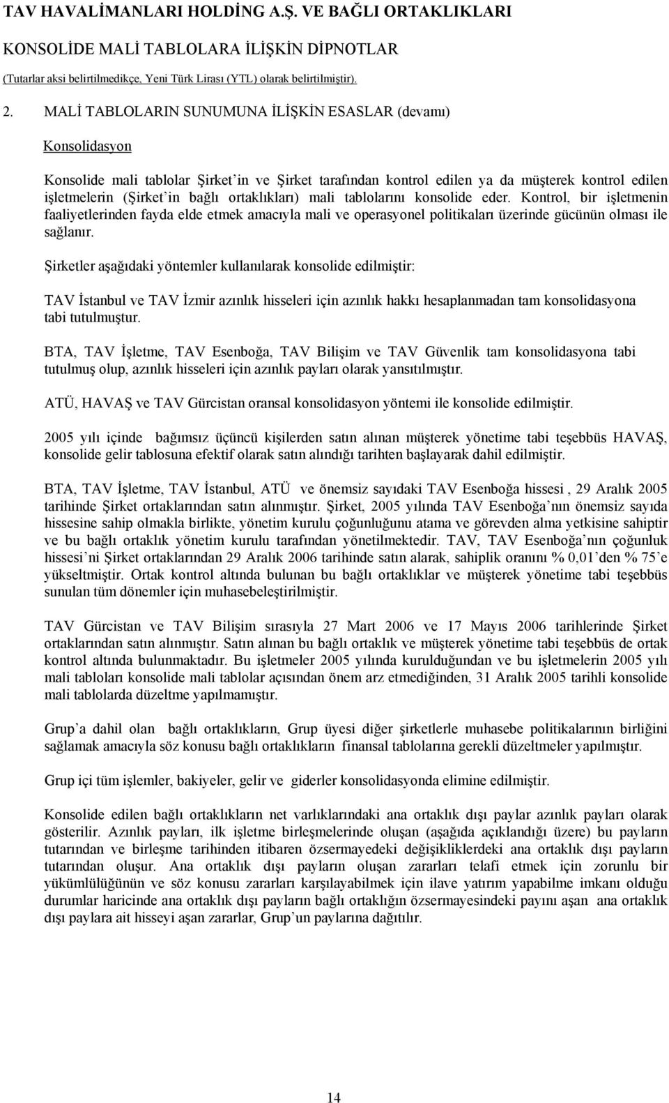 Şirketler aşağıdaki yöntemler kullanılarak konsolide edilmiştir: TAV İstanbul ve TAV İzmir azınlık hisseleri için azınlık hakkı hesaplanmadan tam konsolidasyona tabi tutulmuştur.