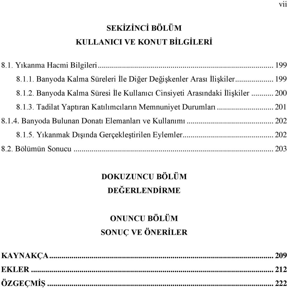 Tadilat Yaptıran Katılımcıların Memnuniyet Durumları... 201 8.1.4. Banyoda Bulunan Donatı Elemanları ve Kullanımı... 202 8.1.5.