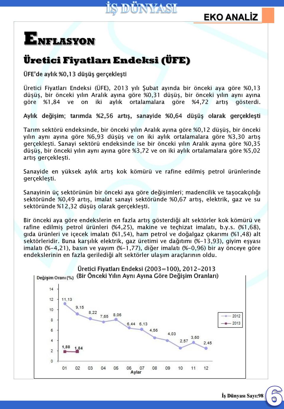 Aylık değişim; tarımda %2,56 artış, sanayide %0,64 düşüş olarak gerçekleşti Tarım sektörü endeksinde, bir önceki yılın Aralık ayına göre %0,12 düşüş, bir önceki yılın aynı ayına göre %6,93 düşüş ve