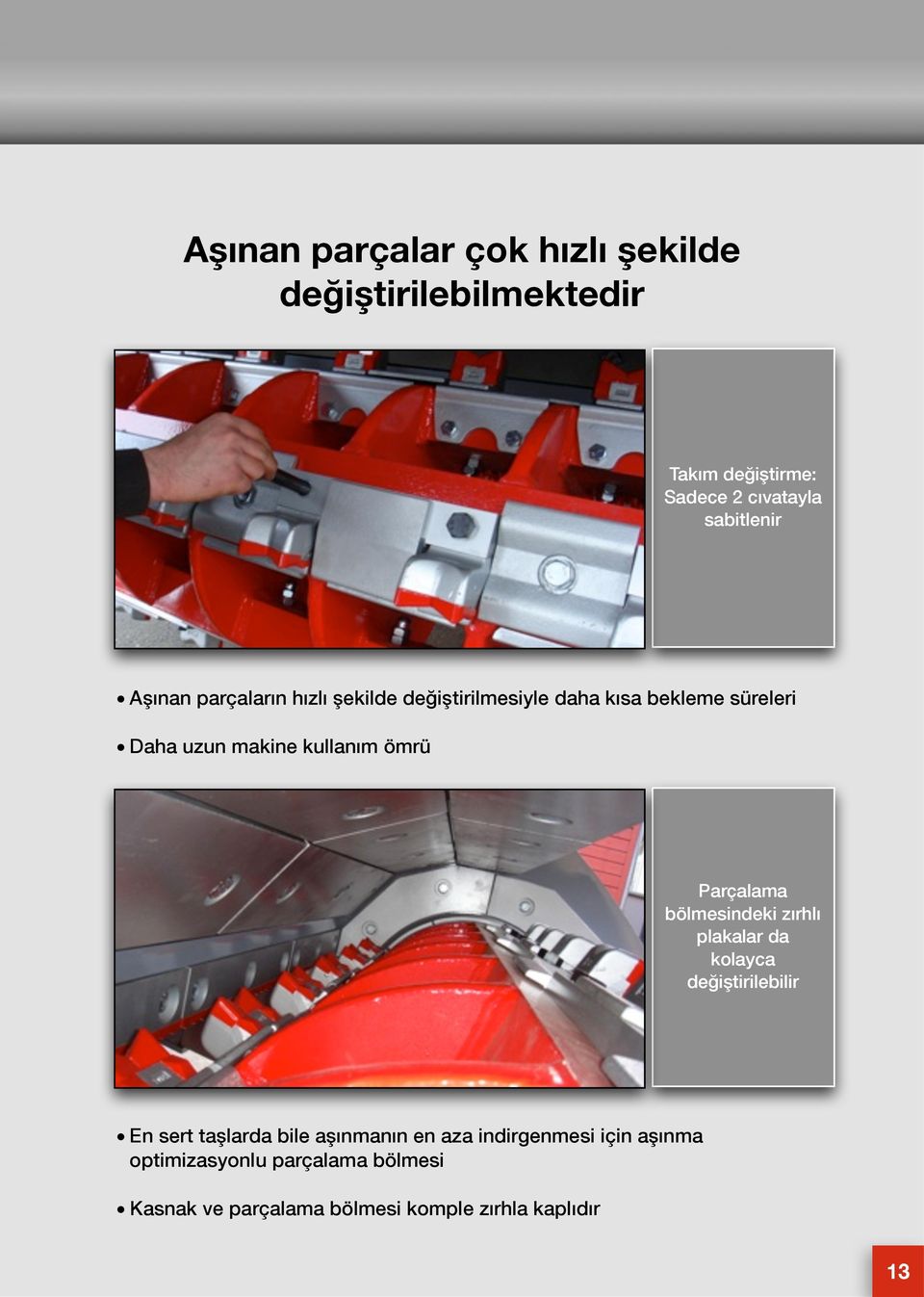 Parçalama bölmesindeki zırhlı plakalar da kolayca değiştirilebilir En sert taşlarda bile aşınmanın en aza