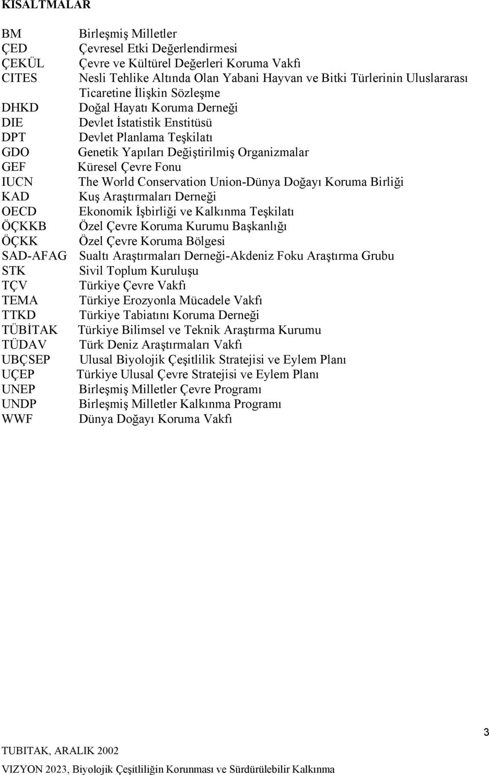 The World Conservation Union-Dünya Doğayı Koruma Birliği KAD Kuş Araştırmaları Derneği OECD Ekonomik İşbirliği ve Kalkınma Teşkilatı ÖÇKKB Özel Çevre Koruma Kurumu Başkanlığı ÖÇKK Özel Çevre Koruma