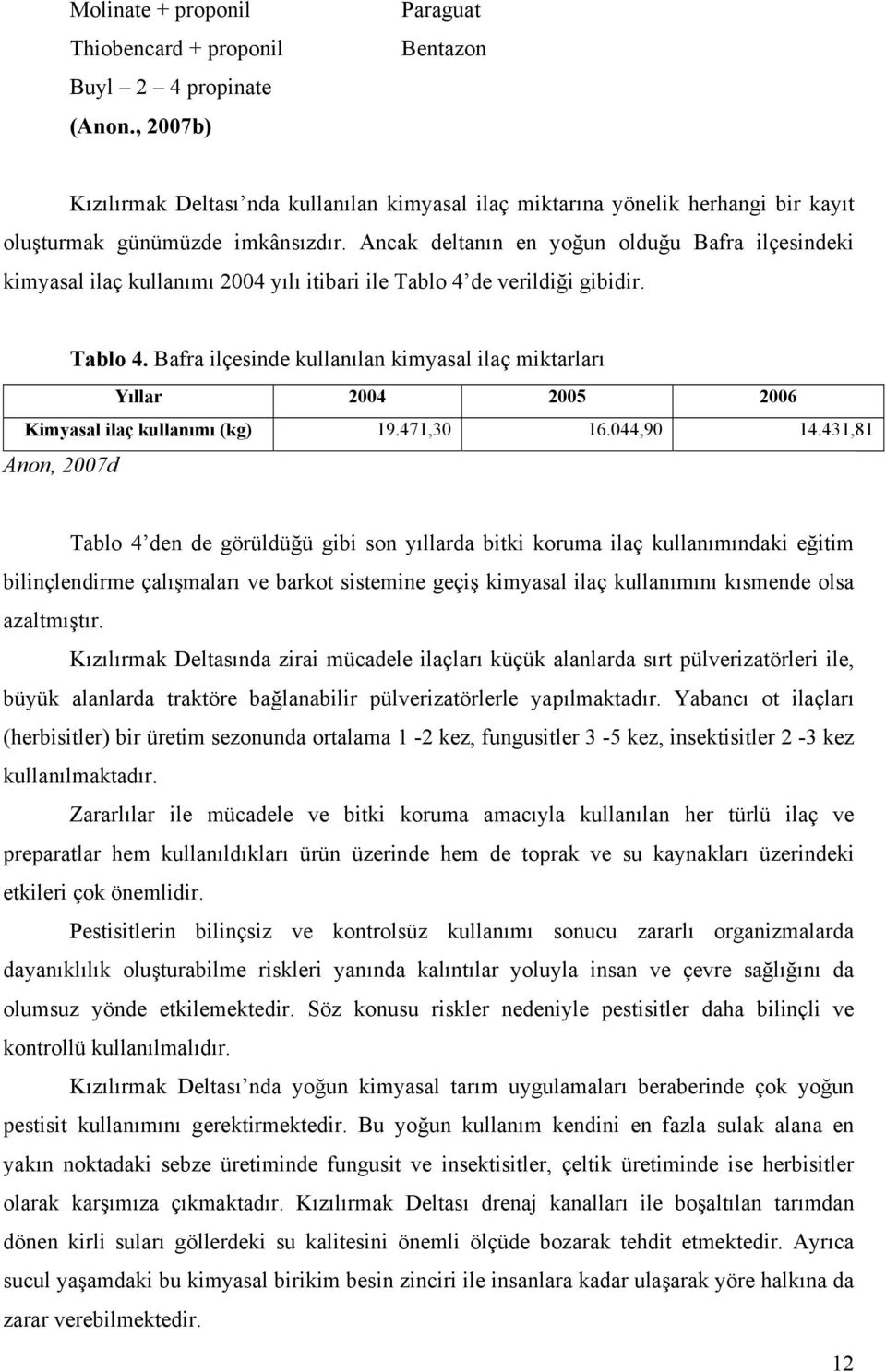 Ancak deltanın en yoğun olduğu Bafra ilçesindeki kimyasal ilaç kullanımı 2004 yılı itibari ile Tablo 4 