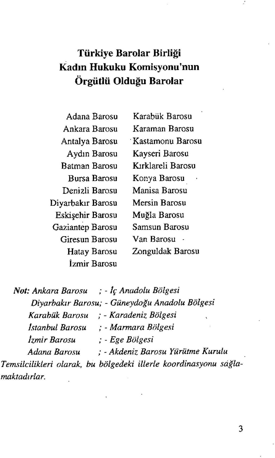 Barosu Muğla Barosu Samsun Barosu Van Barosu - Zonguldak Barosu Not: Ankara Barosu ; - iç Anadolu Bölgesi Diyarbakı r Barosu; - Güneydo ğu Anadolu Bölgesi Karabük Barosu ; - Karadeniz Bölgesi