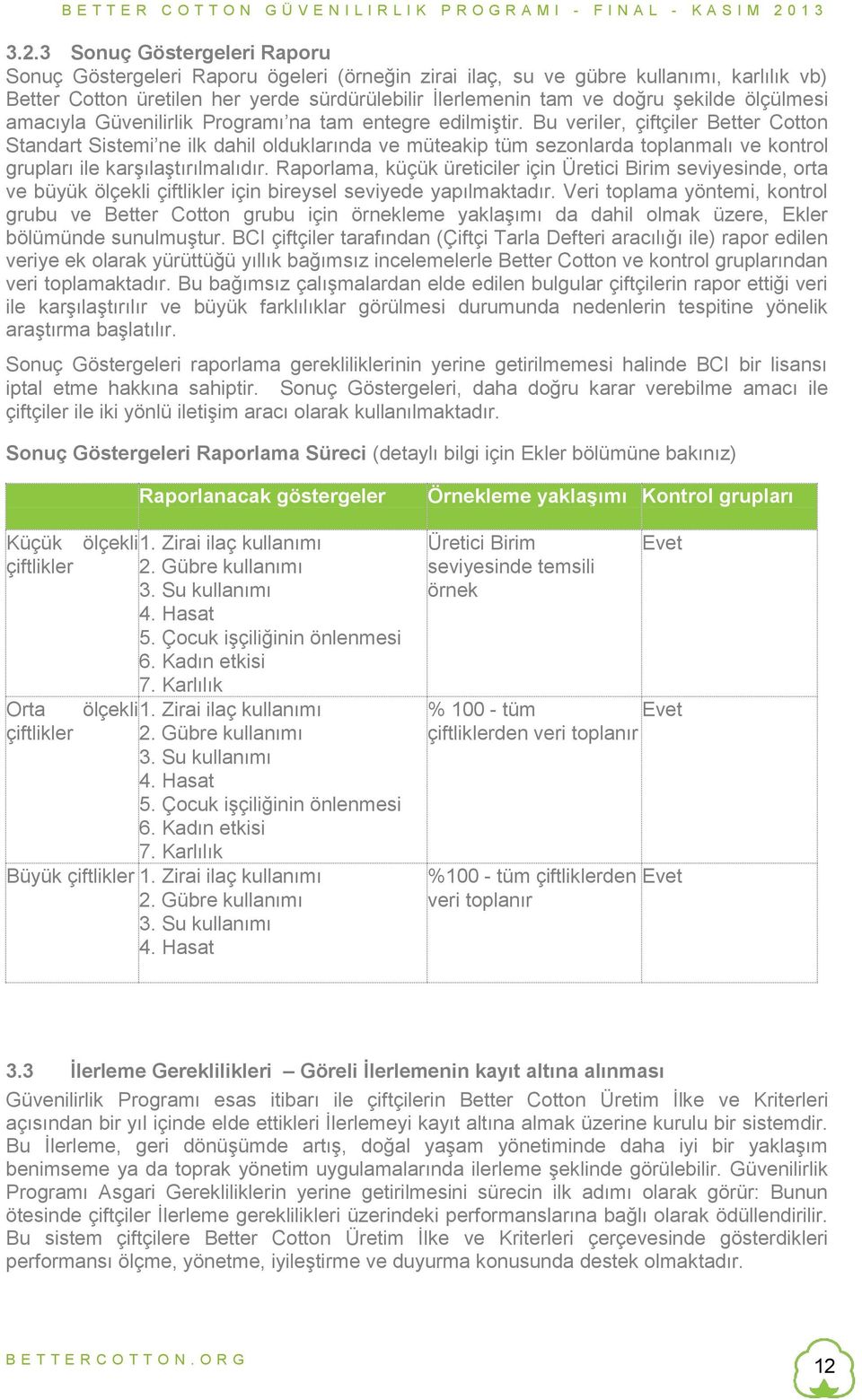 Bu veriler, çiftçiler Better Cotton Standart Sistemi ne ilk dahil olduklarında ve müteakip tüm sezonlarda toplanmalı ve kontrol grupları ile karşılaştırılmalıdır.