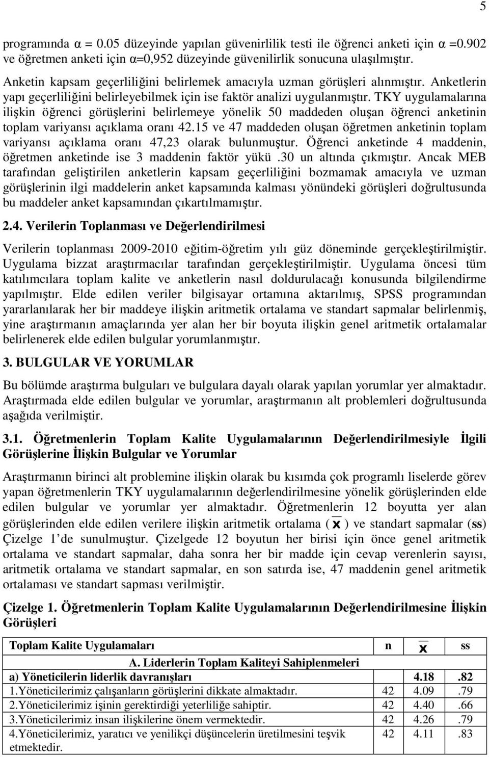 TKY uygulamalarına ilişkin öğrenci görüşlerini belirlemeye yönelik 50 maddeden oluşan öğrenci anketinin toplam variyansı açıklama oranı 42.