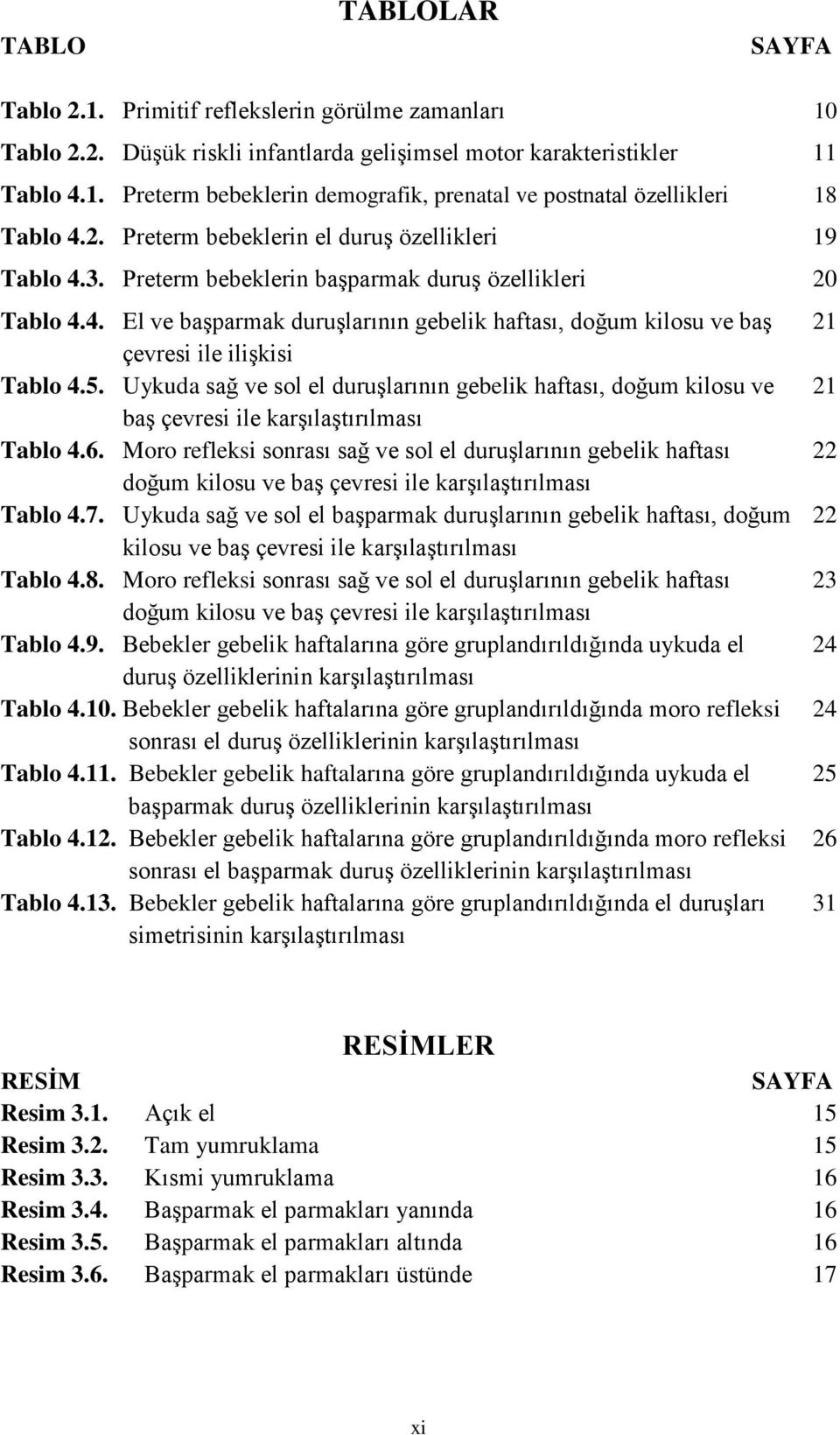 5. Uykuda sağ ve sol el duruşlarının gebelik haftası, doğum kilosu ve 21 baş çevresi ile karşılaştırılması Tablo 4.6.