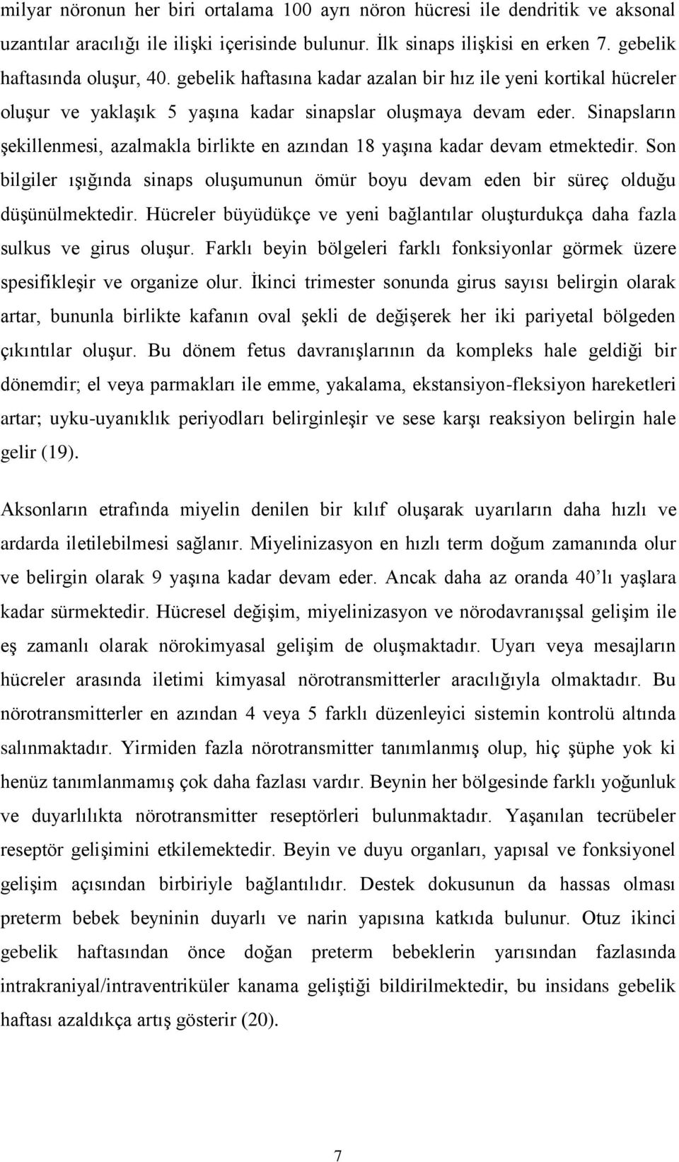 Sinapsların şekillenmesi, azalmakla birlikte en azından 18 yaşına kadar devam etmektedir. Son bilgiler ışığında sinaps oluşumunun ömür boyu devam eden bir süreç olduğu düşünülmektedir.