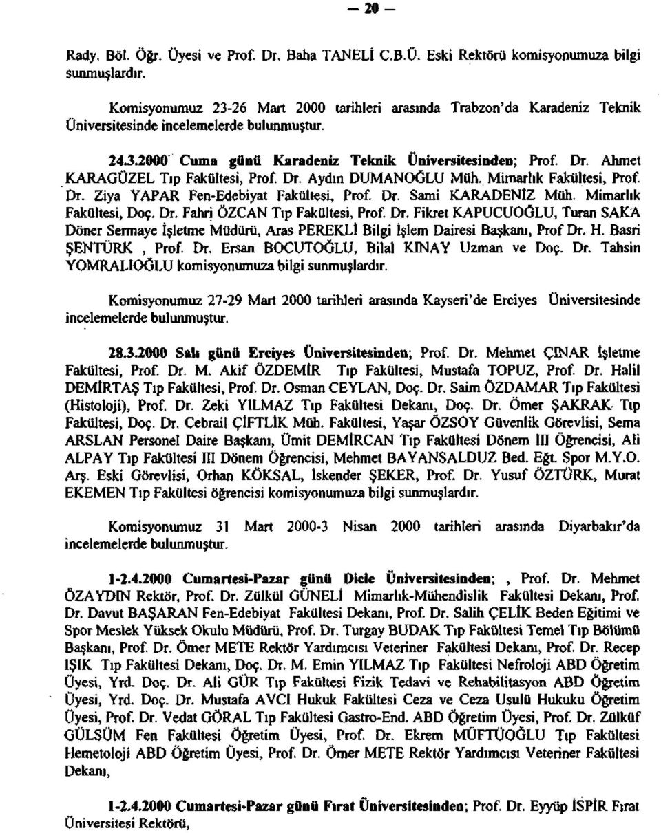 Ahmet KARAGÜZEL Tıp Fakültesi, Prof. Dr. Aydın DUMANOĞLU Müh, Mimarlık Fakültesi, Prof. Dr. Ziya YAPAR Fen-Edebiyat Fakültesi, Prof. Dr. Sami KARADENİZ Müh. Mimarlık Fakültesi, Doç. Dr. Fahri ÖZCAN Tıp Fakültesi, Prof.