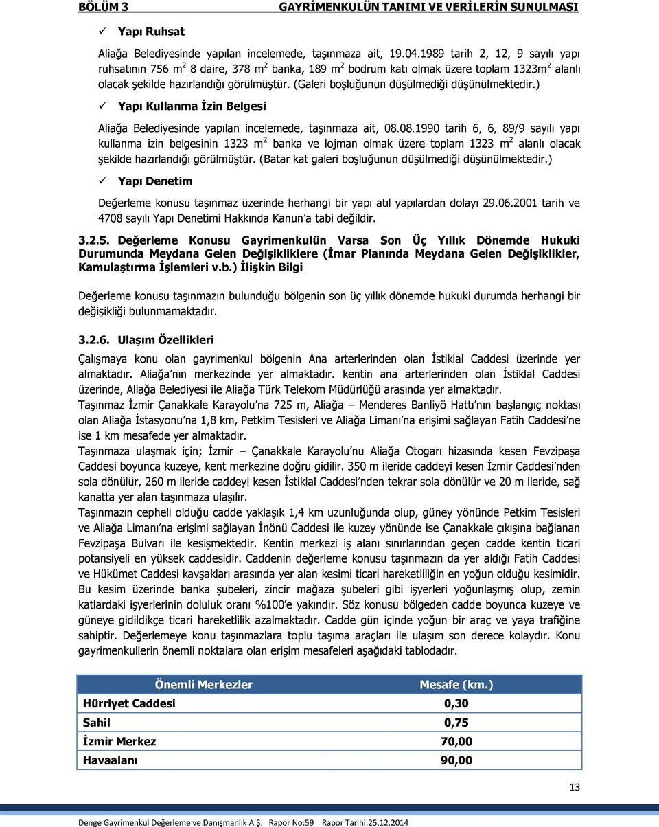 (Galeri boşluğunun düşülmediği düşünülmektedir.) Yapı Kullanma İzin Belgesi Aliağa Belediyesinde yapılan incelemede, taşınmaza ait, 08.