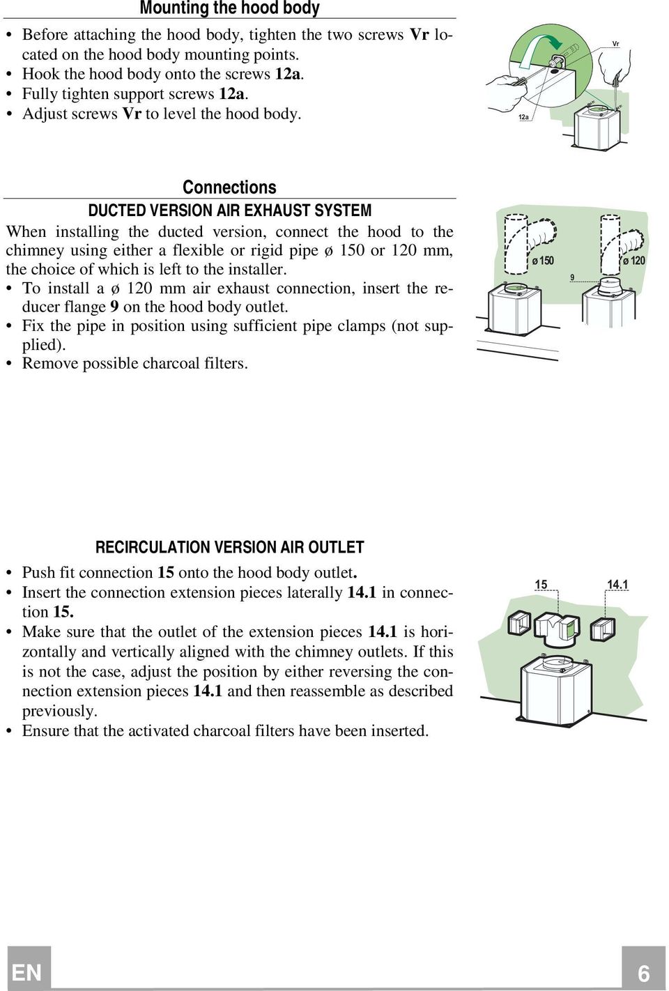 12a Vr Connections DUCTED VERSION AIR EXHAUST SYSTEM When installing the ducted version, connect the hood to the chimney using either a flexible or rigid pipe ø 150 or 120 mm, the choice of which is