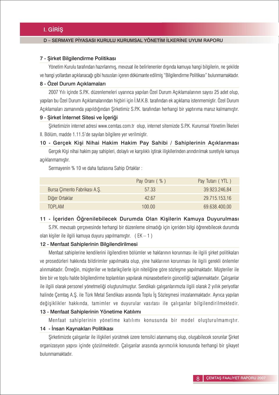 düzenlemeleri uyarýnca yapýlan Özel Durum Açýklamalarýnýn sayýsý 25 adet olup, yapýlan bu Özel Durum Açýklamalarýndan hiçbiri için Ý.M.K.B. tarafýndan ek açýklama istenmemiþtir.