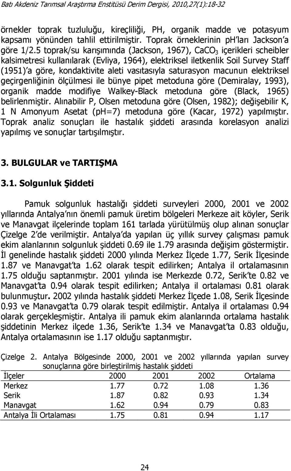 saturasyon macunun elektriksel geçirgenliğinin ölçülmesi ile bünye pipet metoduna göre (Demiralay, 1993), organik madde modifiye Walkey-Black metoduna göre (Black, 1965) belirlenmiştir.