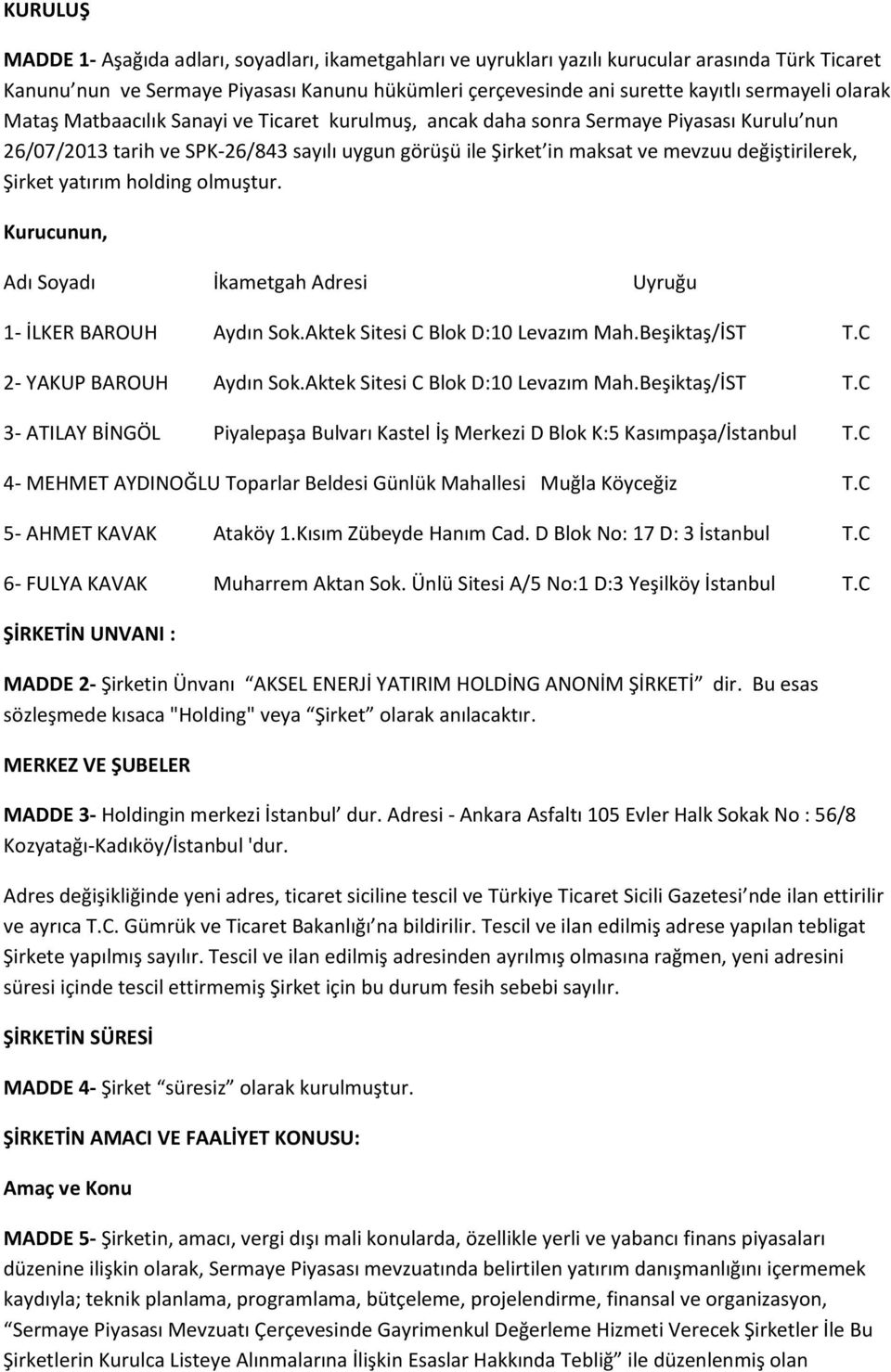 değiştirilerek, Şirket yatırım holding olmuştur. Kurucunun, Adı Soyadı İkametgah Adresi Uyruğu 1- İLKER BAROUH Aydın Sok.Aktek Sitesi C Blok D:10 Levazım Mah.Beşiktaş/İST T.