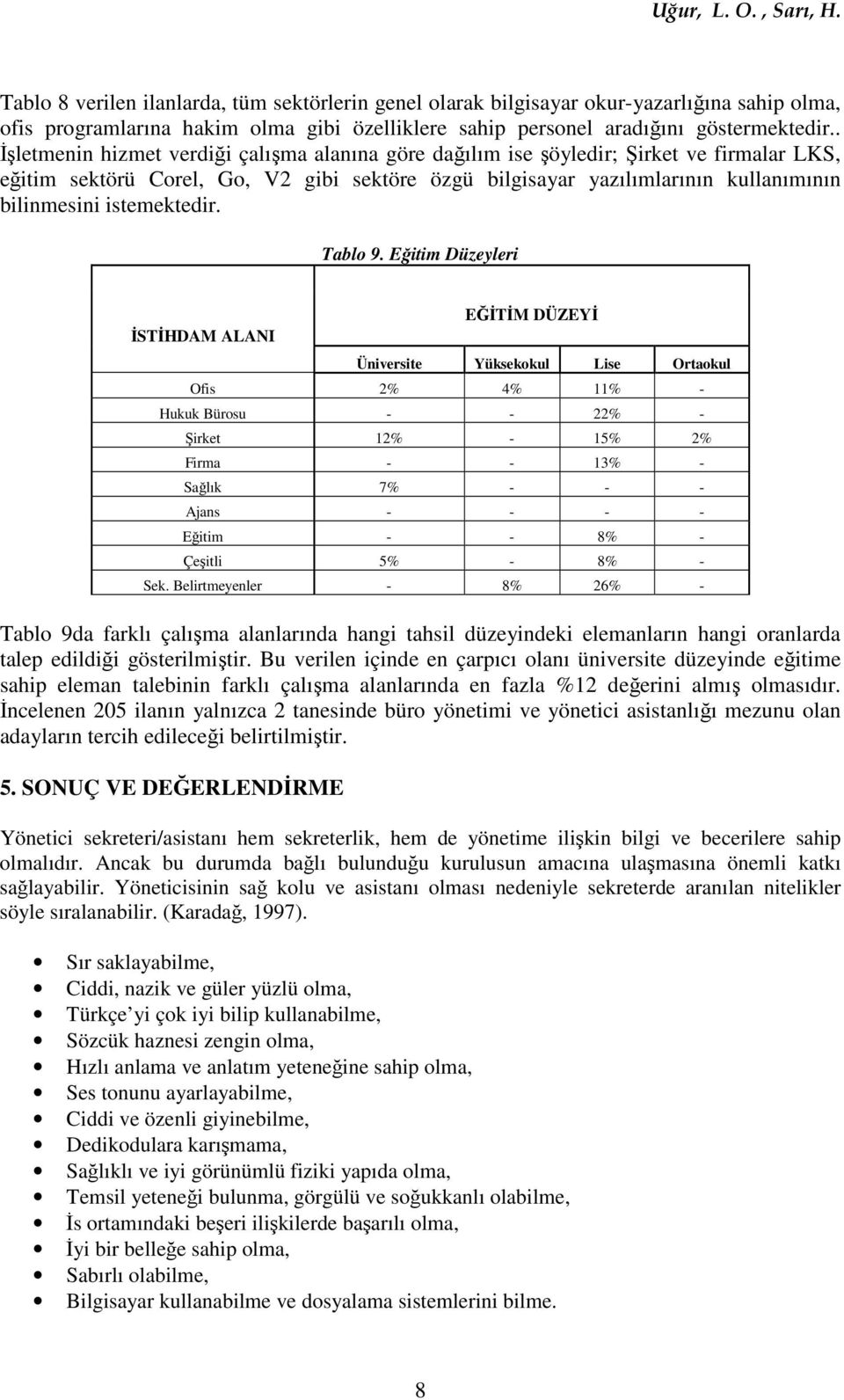 istemektedir. Tablo 9.