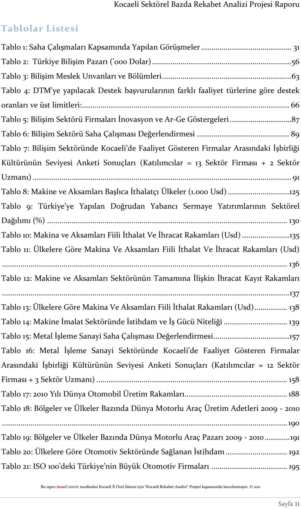 ..87 Tablo 6: Bilişim Sektörü Saha Çalışması Değerlendirmesi.