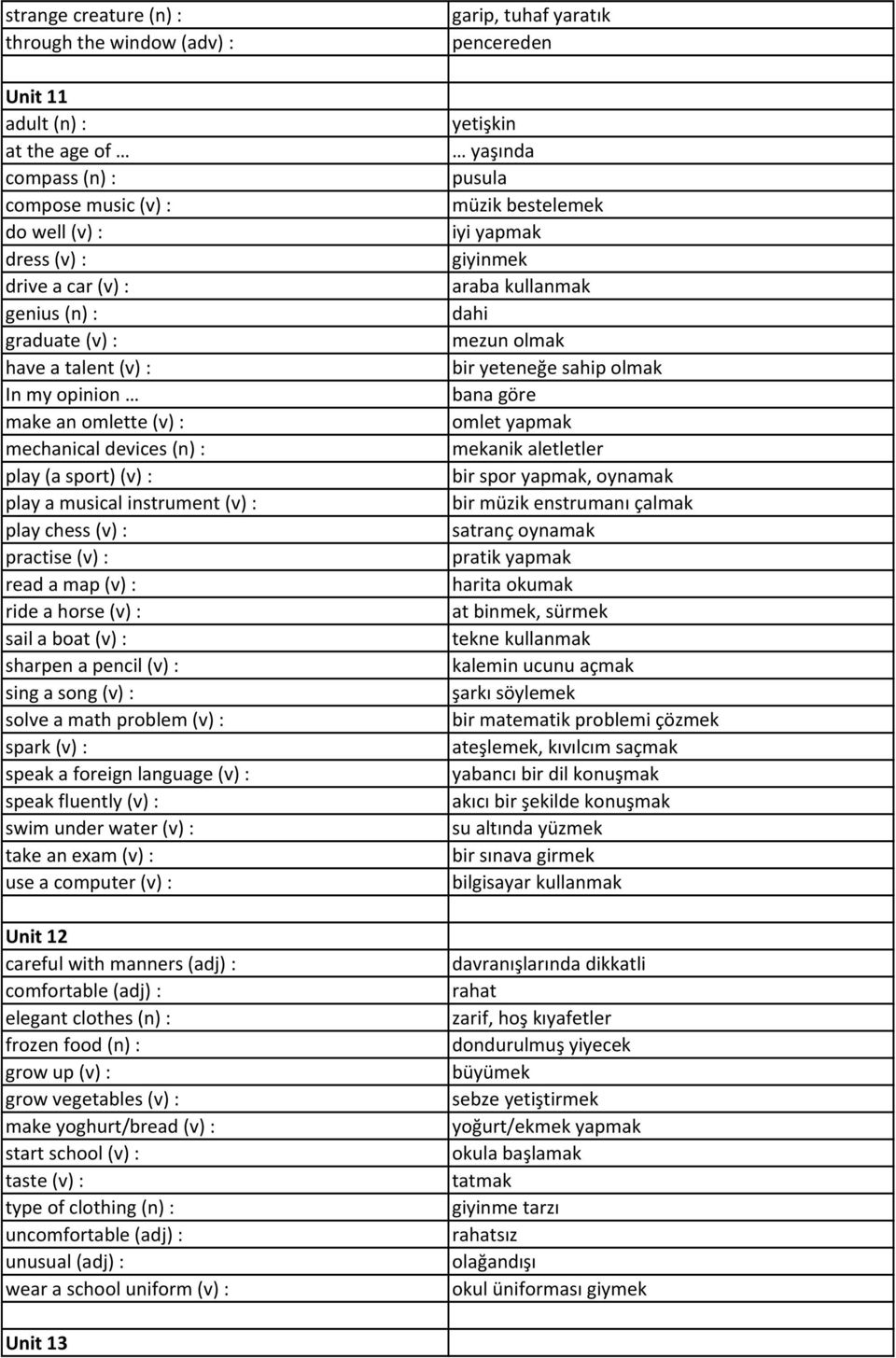 a boat (v) : sharpen a pencil (v) : sing a song (v) : solve a math problem (v) : spark (v) : speak a foreign language (v) : speak fluently (v) : swim under water (v) : take an exam (v) : use a