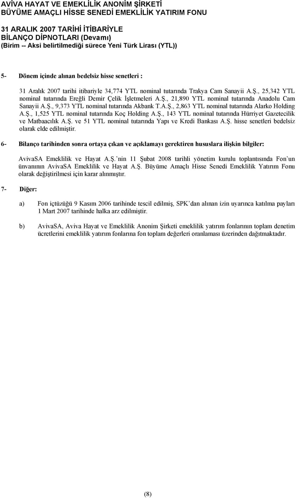 , 25,342 YTL nominal tutarında Ereğli Demir Çelik İşletmeleri A.Ş., 21,890 YTL nominal tutarında Anadolu Cam Sanayii A.Ş., 9,373 YTL nominal tutarında Akbank T.A.Ş., 2,863 YTL nominal tutarında Alarko Holding A.