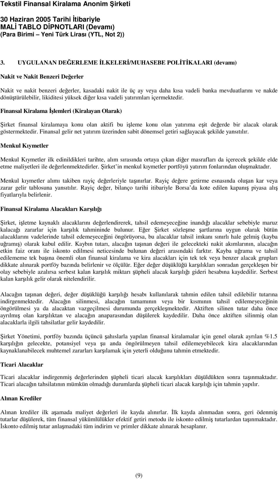 Finansal Kiralama lemleri (Kiralayan Olarak) irket finansal kiralamaya konu olan aktifi bu ileme konu olan yatırıma eit deerde bir alacak olarak göstermektedir.